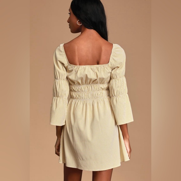 Lulu’s Lunch Date Mustard Yellow Gingham Bell Sleeve Mini Dress - XL - Picture 2 of 4
